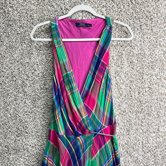 Polo Ralph Lauren Dress Women’s 10 Pink and Green Plaid Sleeveless Wrap Maxi - Picture 2 of 8